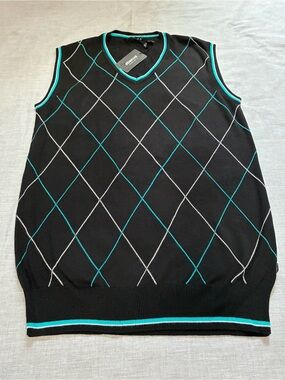 Men's Sleeveless V-Neck Argyle Sweater Vest - Black with Teal and White